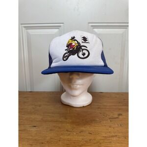 Suzuki Hat Adjustable Snapback Cap Blue Motocross MX Trucker Vtg 80s Mesh Back